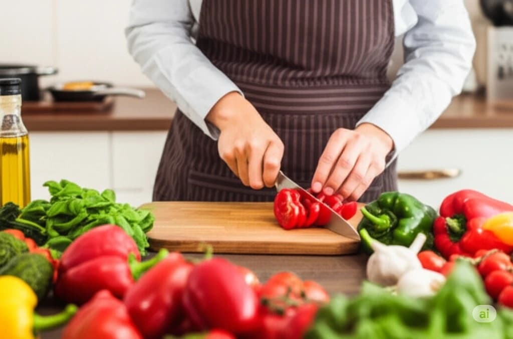 A person slicing colorful bell peppers with a sharp knife on a wooden cutting board