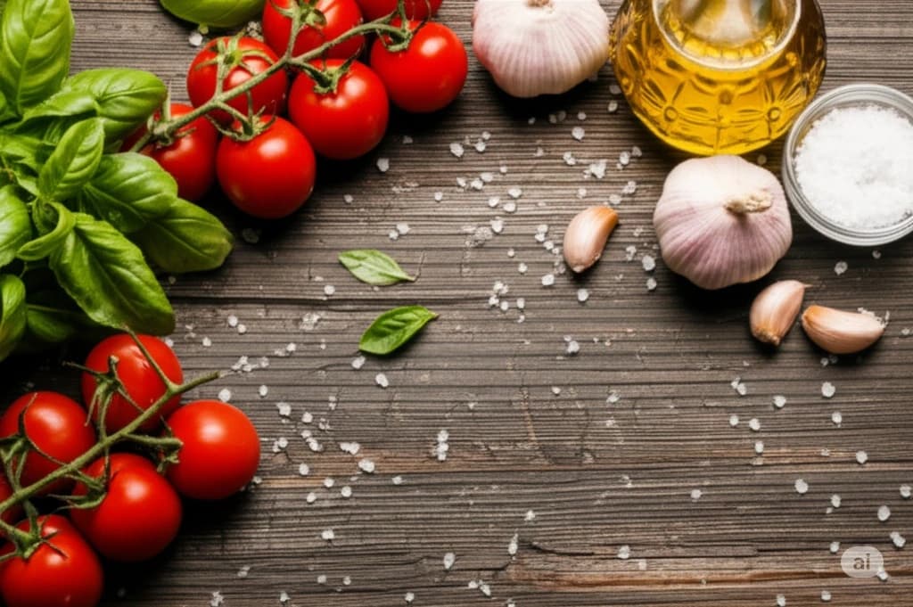 A rustic wooden cooking table scattered with various fresh ingredients